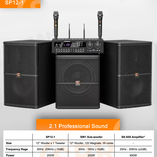 Soontran SP12-1 Speaker with SW1 Sub-woofer, SK-650 Amplifier and dual wireless microphone